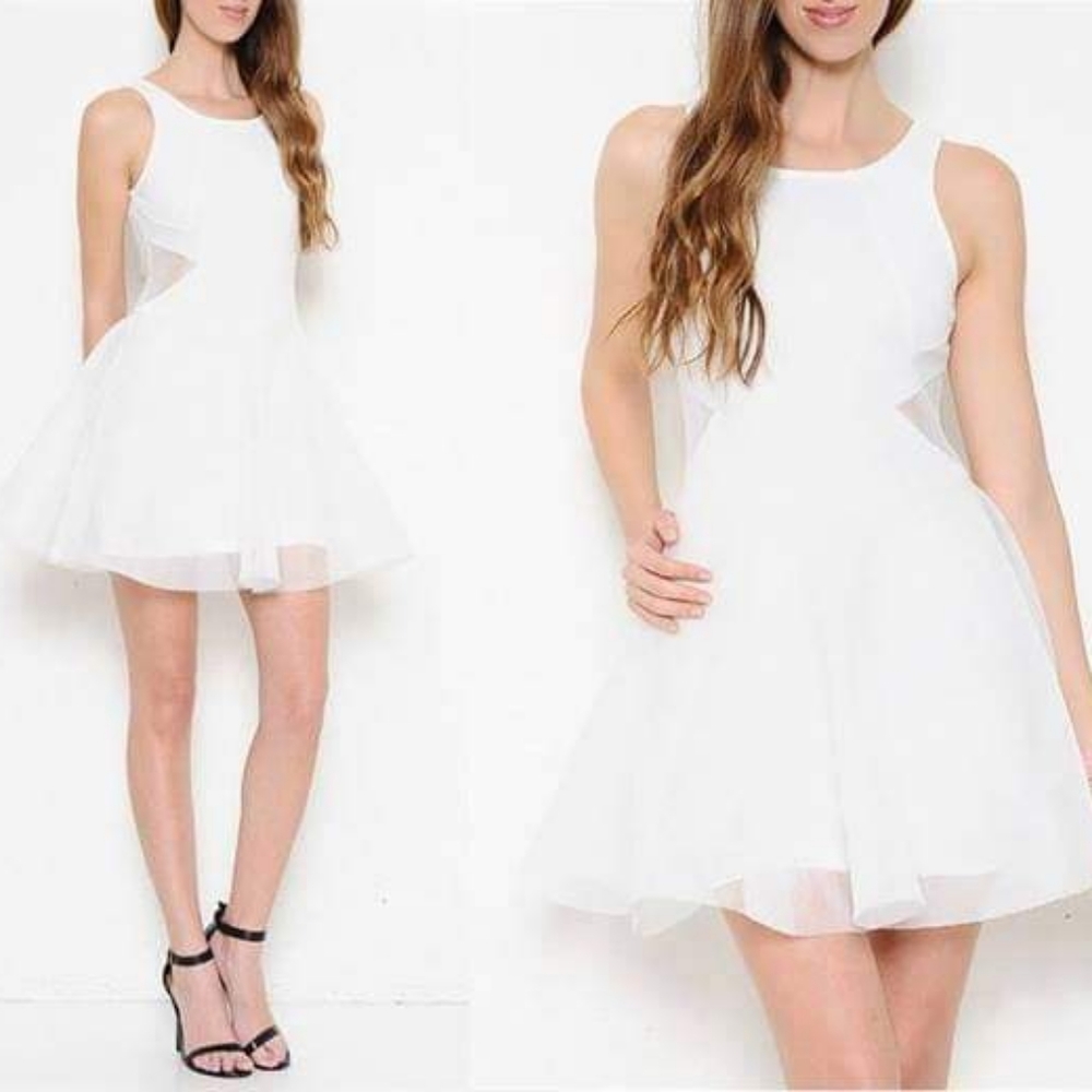 RICKETY RACK #49 White Mesh Illusion Waist Fit & Flare Skater Dress